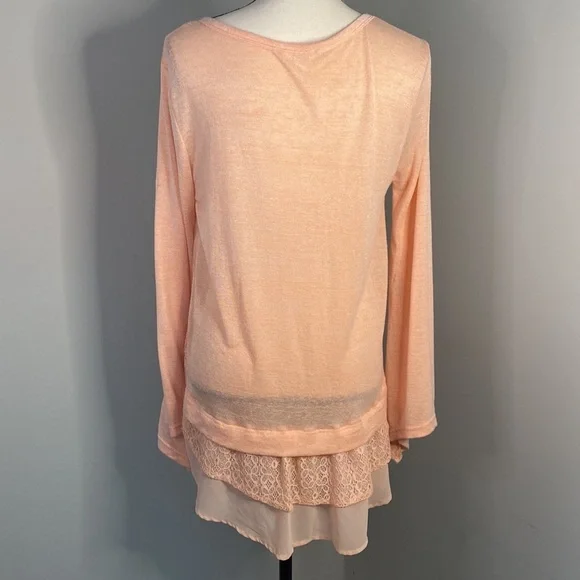 Kori Coral Peach Lace Layered Fall Long Sleeve Top - Picture 6 of 8